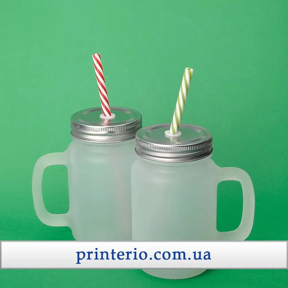 Банка для сублимации Sublime с лого с трубочкой, крышкой и ручкой матовая 450 мл